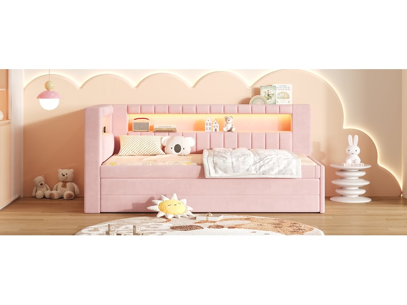 Lit banquette simple 90×200 cm, lit gigogne, 3 tiroirs, led réglable et usb - okmyhome- rose, sans matelas  - Conforama E