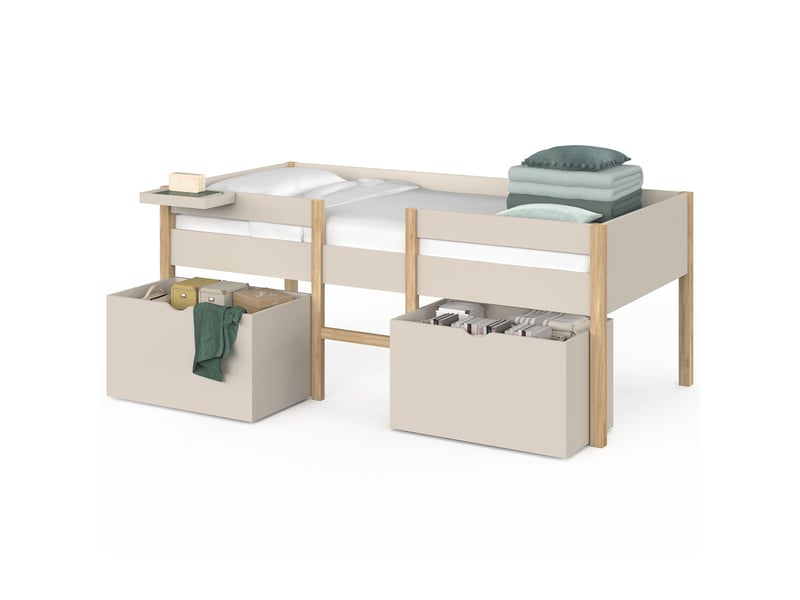 Lit simple surélevé mi-hauteur 90 x 190 cm servane avec sommier, barrières, 2 tiroirs de rangement et tablette beige et bois - Conforama D