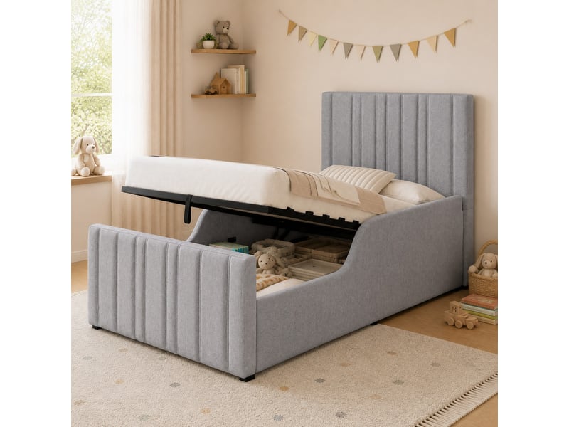  Lit enfant avec rangement hydraulique tête de lit rembourrée en lin gris  - Conforama D