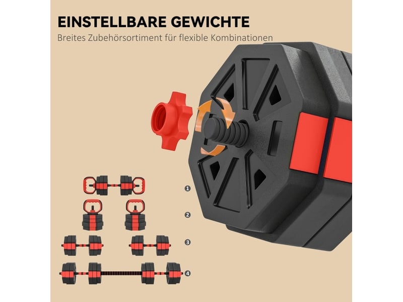  Set de musculation 4 en 1 25 kg 125 x 18 x 18 cm rouge en plastique, haltères réglables et barre longue  - Conforama B