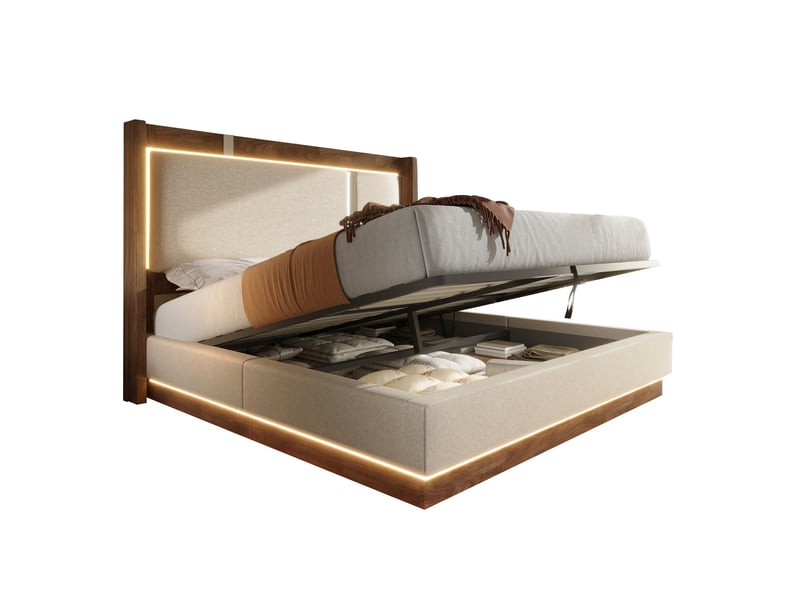 Lit coffre 2 places 180x200 cm avec led, coloris beige et noyer - Conforama A