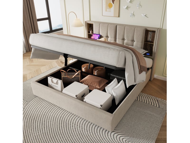  Lit coffre tcqpz 160 x 200 cm avec recharge sans fil usb-c et usb, tête de lit avec rangements, lin naturel  - Conforama E