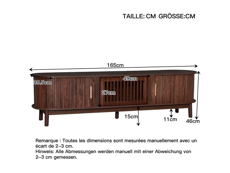  Meuble tv marron 165 cm avec portes coulissantes, meuble tv pour écran 65 pouces, style rétro scandinave en mdf  - Conforama C