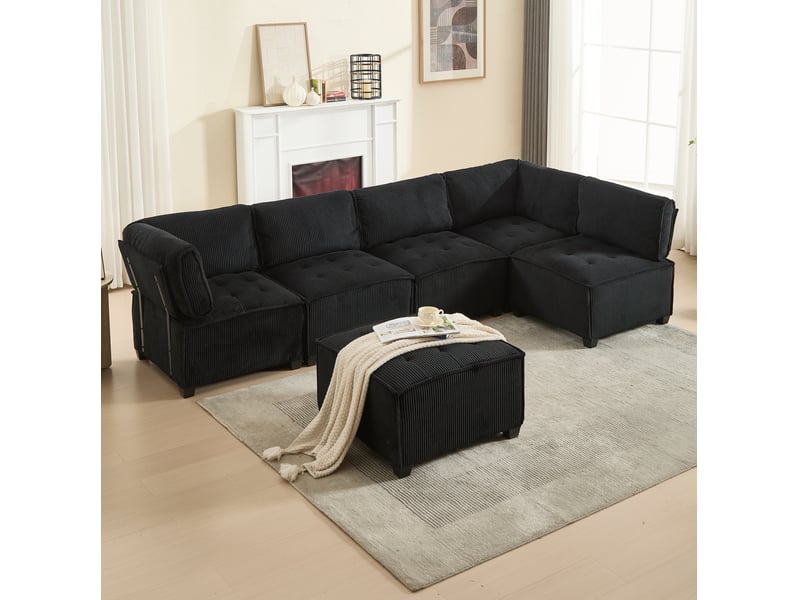  Canapé d'angle 6 pl 308x154x82cm, assise en mousse, revêtement velours, accoudoir, convertible avec poches de rangement, noir  - Conforama B