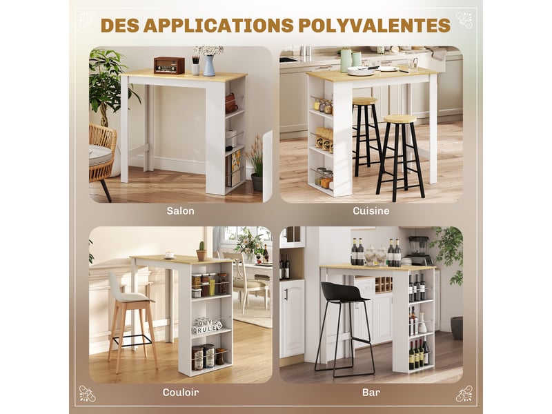  Table de bar table haute de cuisine mange-debout comptoir 112l x 57l x 106h cm - aspect chêne clair blanc - 3 étagères  - Conforama E
