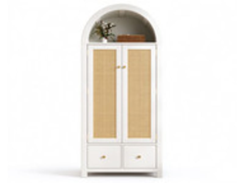 Armoire 2 portes à fermeture magnétique, 2 tiroirs, tringle, niche cintrée, anti-basculement, 78x45x181 cm, blanc, style campagne Morn Vibe - Conforama A