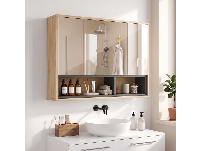  Meuble salle de bain avec miroir, armoire toilettes murale avec placards à 3 portes et 8 compartiments, chêne  - Conforama C