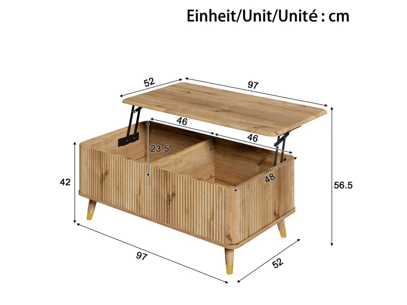  Table basse 97x52x56,5 cm à plateau escamotable relevable, design ondulé en mdf et bois, coloris naturel  - Conforama C