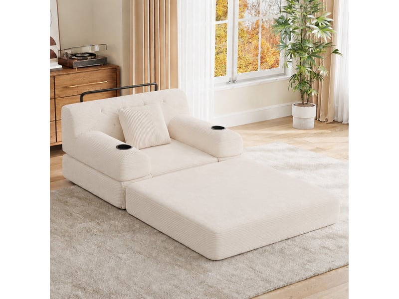  Fauteuil convertible 1 place en velours côtelé beige, 107x80x81 cm  - Conforama R