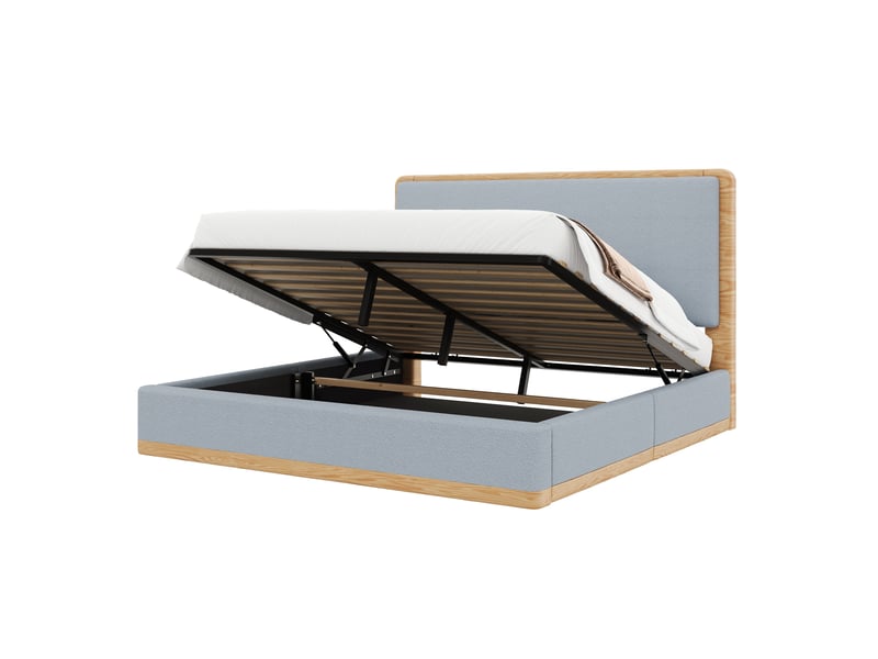 Lit coffre rembourré 180x200 cm avec rangement hydraulique, tête de lit matelassée, sommier à lattes, tissu teddy et pu, gris et naturel - Conforama A