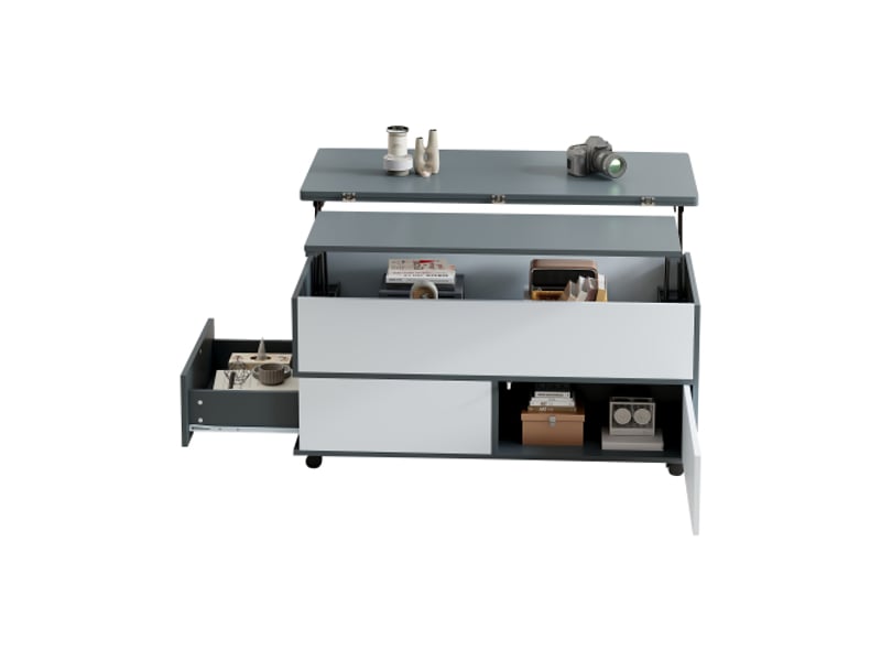 Table basse grise et blanche, table de salon à roulettes et tiroirs, hauteur réglable avec rangement et étagère dissimulés  - Conforama A