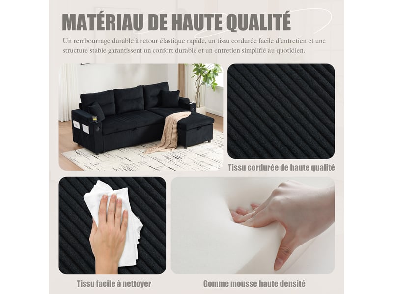  Canapé d’angle 3 places en corde avec rangement, porte-gobelets et usb-c, chaiselongue hydraulique et lit tiroir, design moderne et confortable  - Conforama D