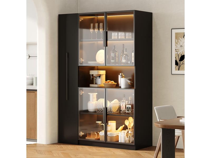  Vitrine led en verre 110x35x160 cm vitrine armoire à 5 portes buffet haut avec éclairage led porte coulissantes rangement - noir  - Conforama C