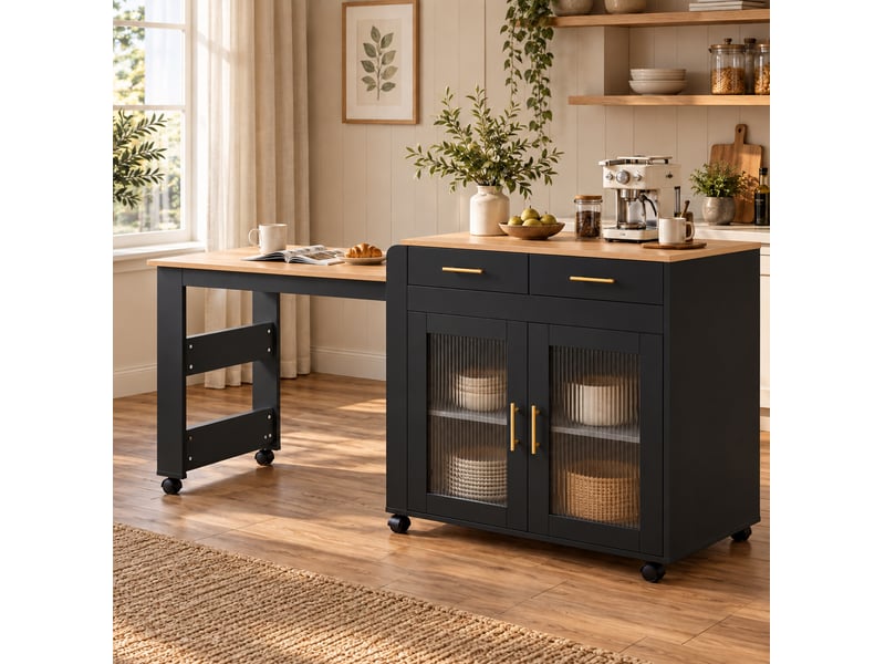  Îlot de cuisine mobile extensible 177x60x89,5 cm avec prises usb noir  - Conforama B