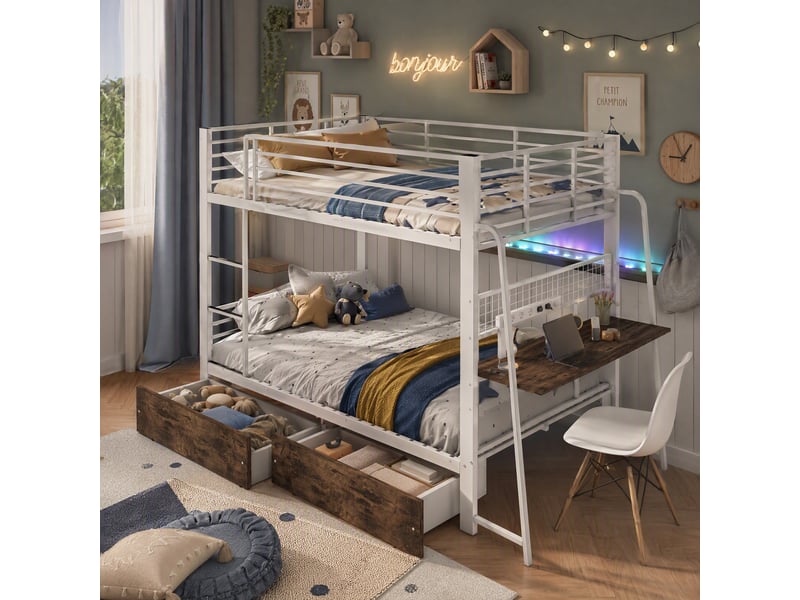  Lit mezzanine en métal 140x200 cm, bureau, 2 tiroirs, bandeau led, prise, structure blanche  - Conforama B