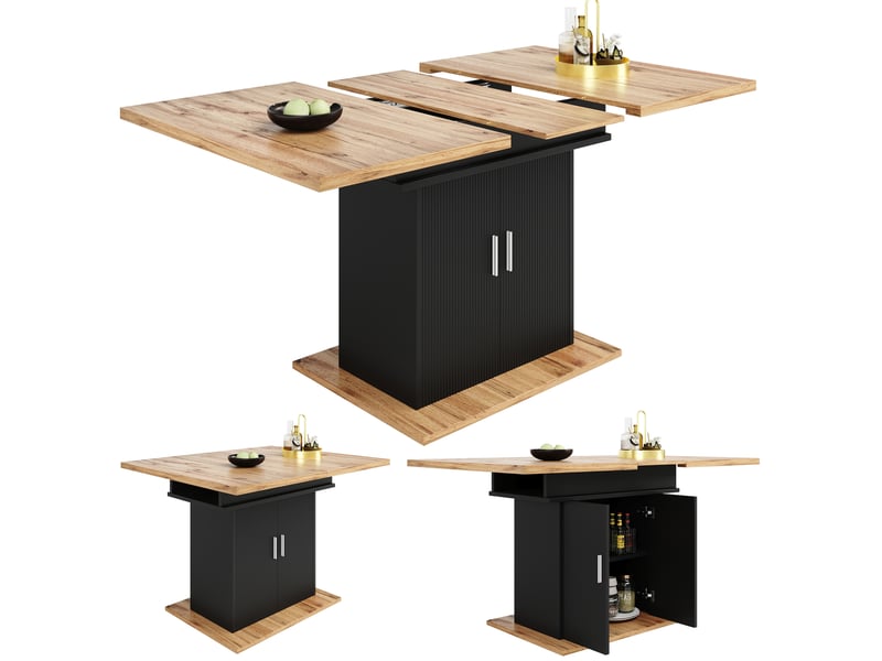 Table extensible (110)140×70x76cm avec espace de rangement, design à double porte, polyvalente, mdf, naturel et noir - Conforama E