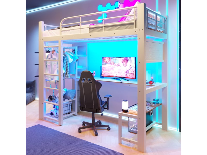  Lit superposé 90x200 cm, lit enfant, rangement, escalier avec rangement, led, bois et métal blanc  - Conforama E