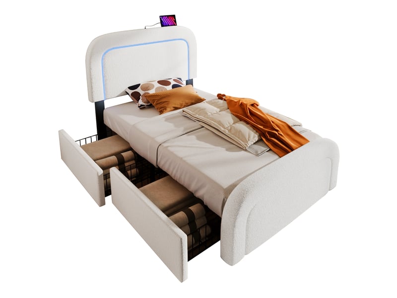 Lit coffre enfant 90x200 cm avec led, usb type-c et tiroirs, tissu, blanc, sans matelas - Conforama A
