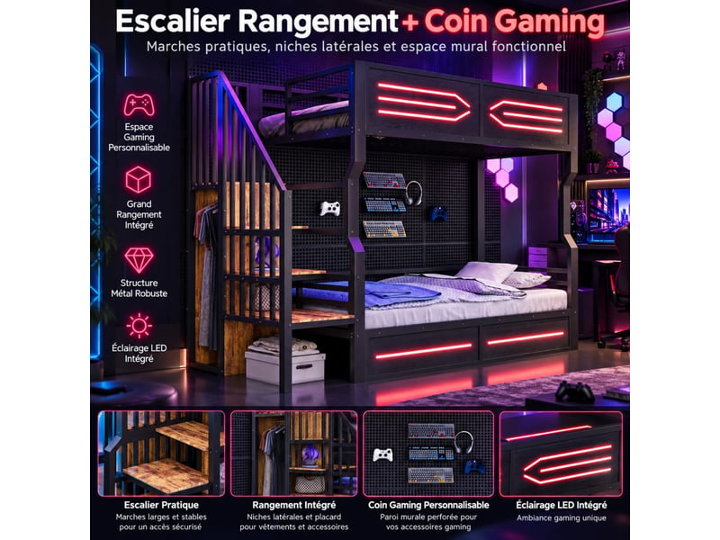  Lit mezzanine 90x200 cm en métal, avec escalier rangement, led et barrières hautes, noir  - Conforama E