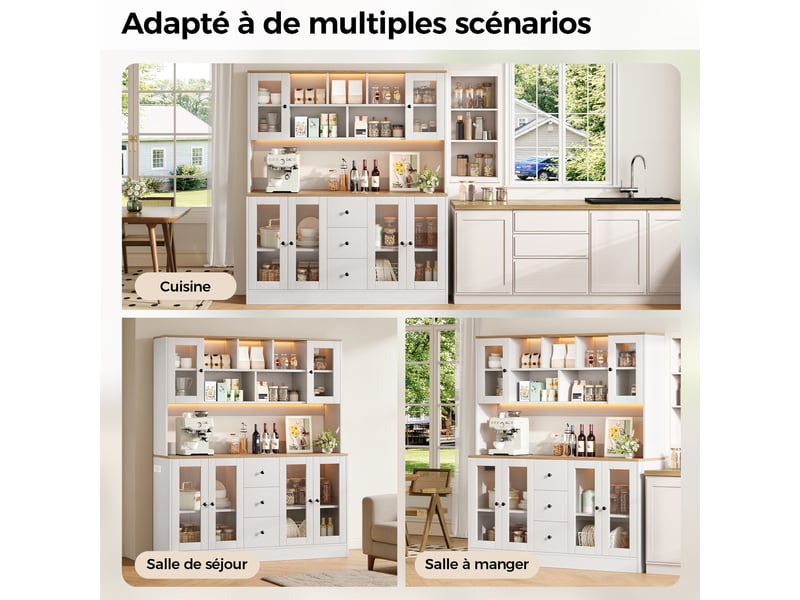 Meuble de cuisine muvano, buffet haut de cuisine avec led, blanc et décor bois, 150 × 40 × 173 cm - Conforama B
