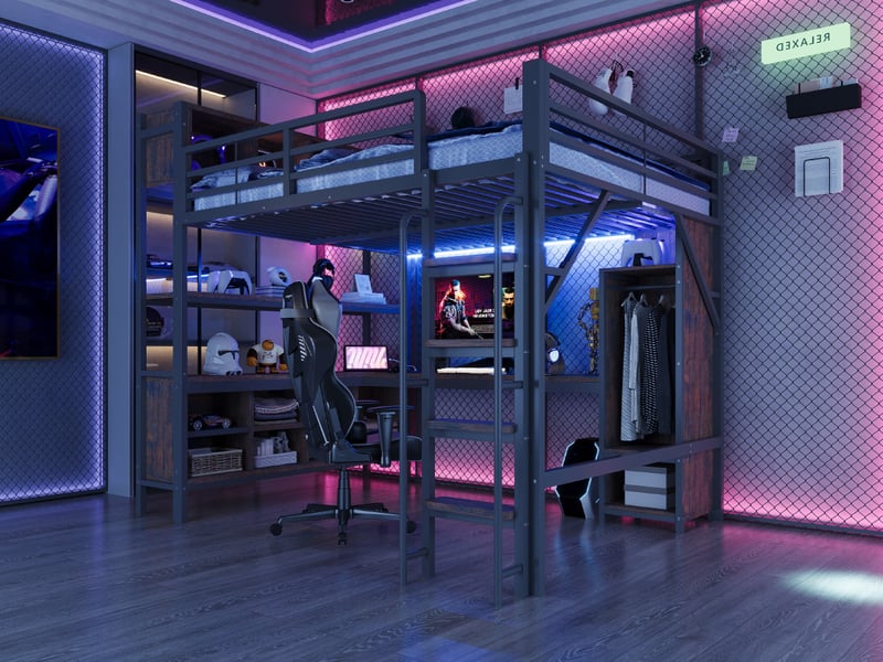 Lit mezzanine 140 x 200cm avec bureau, armoire, étagères, éclairage led, prises eu, barrière sécurité haute, noir - Conforama B