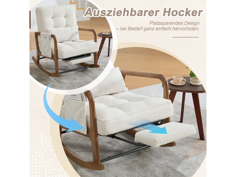  Fauteuil à bascule 70x80x92cm beige en velours côtelé, repose-pieds, coussin lombaire, dossier réglable et poche latérale pour sal  - Conforama D