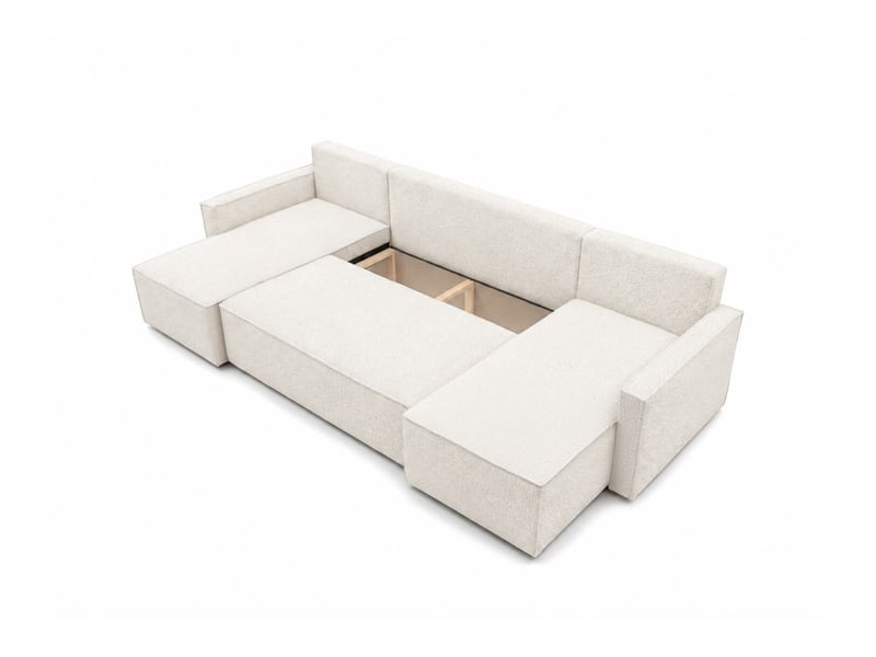 Farah - canapé d'angle panoramique convertible 6 places accoudoirs slim en tissu bouclettes généreuses - Conforama D