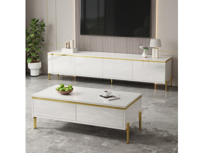  Ensemble meuble tv 170 cm et table basse avec rangements, blanc brillant et doré  - Conforama B