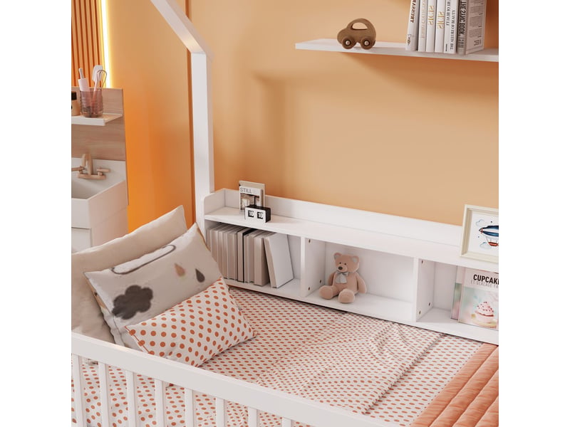  Lit enfant 90 x 200 cm forme maison en bois de pin barrières de sécurité blanc compartiments de rangement  - Conforama D
