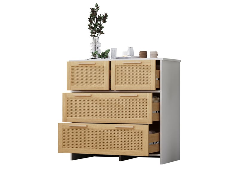  Commode 4 tiroirs, meuble en rotin haut de gamme, poignées en bois massif, l80 x h80 x p38 cm, couleur naturel et blanc  - Conforama A