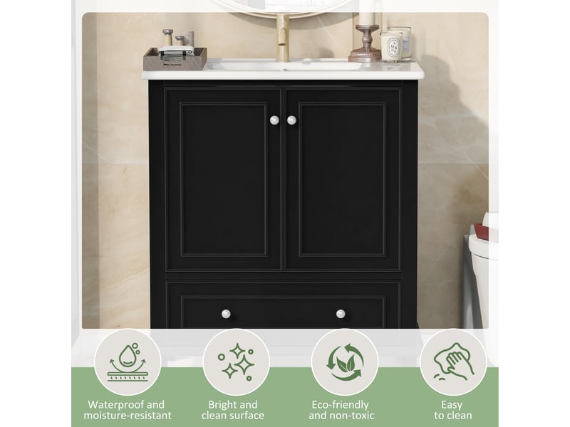  Meuble sous vasque avec 2 portes, 1 tiroir et étagère réglable, vasque en céramique pour salle de bain, 73×45×87 cm  - Conforama E