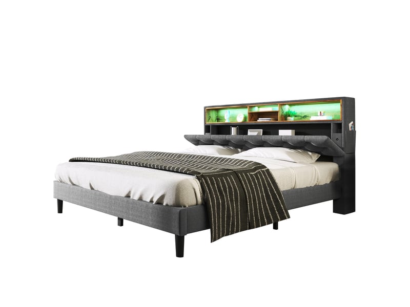  Modenvie lit avec tete de lit de rangement 140x200 cm - led, sommier en bois massif - gris  - Conforama A