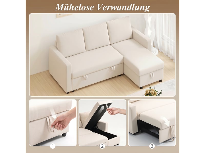  Canapé d'angle convertible modulable avec méridienne réversible, coffre de rangement et 3 coussins de dossier, crème  - Conforama D