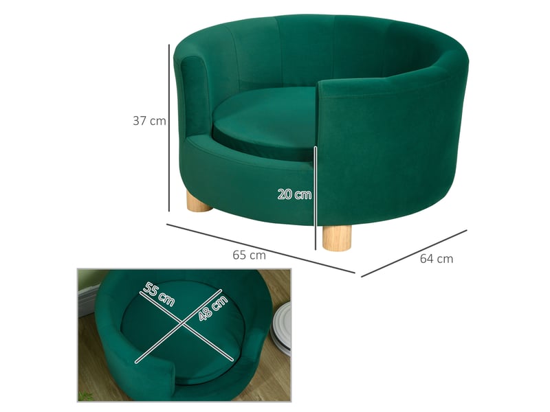  Canapé pour votre petit compagnon vert en flanelle douce, pieds en bois, pour petits compagnons jusqu'à 4,5 kg, 65 x 64 cm  - Conforama C