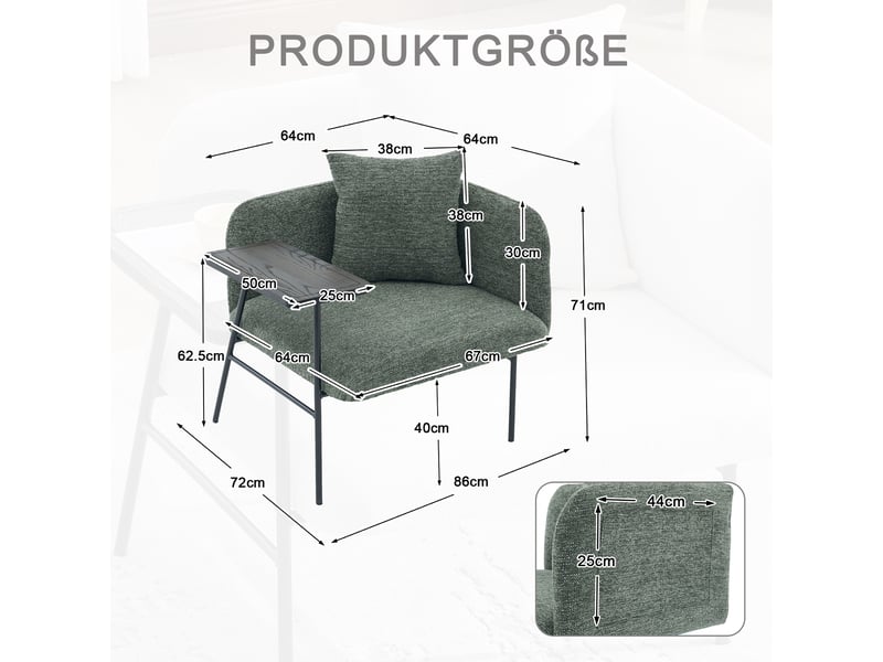 Fauteuil avec table d'appoint et poches latérales, assise rembourrée en chenille vert émeraude, 86 × 72 × 71 cm - Conforama D