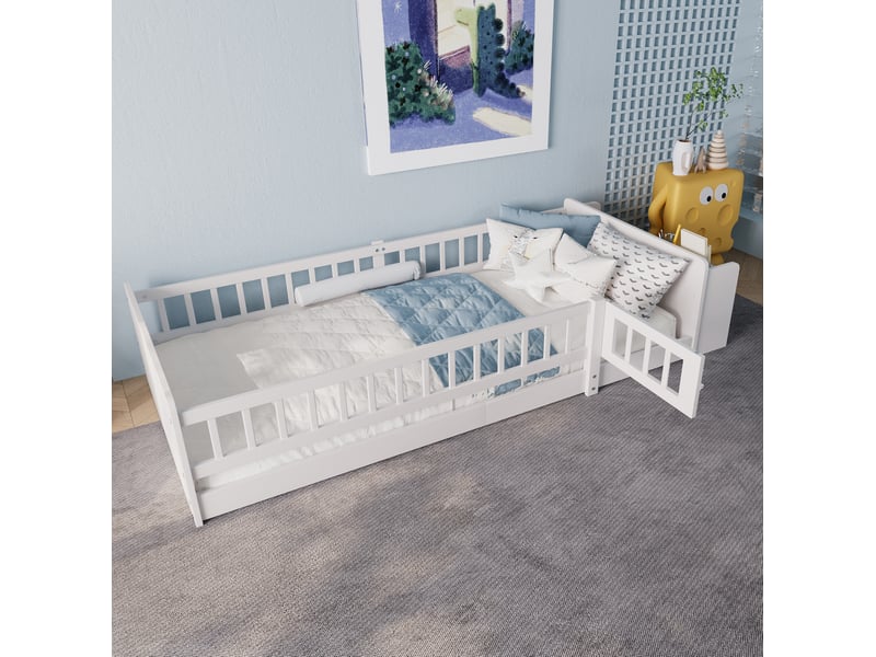  Lit enfant 90x200 cm blanc avec rangements ouverts et barrière ouvrante  - Conforama B