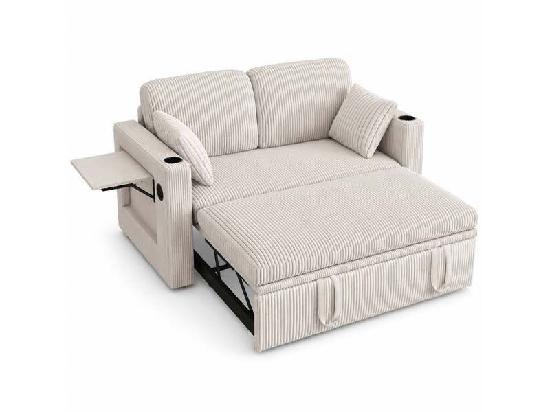  Canapé-lit convertible 3 en 1, 2 places, couchage 2 places, 145x130x85,5 cm, dossier réglable 5 positions, ports usb et type-c, velours côtelé blanc  - Conforama A