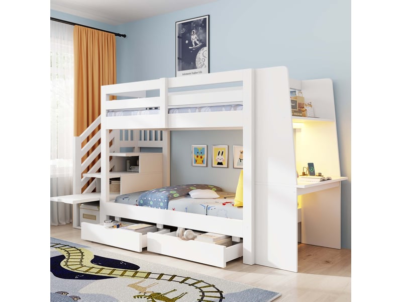  Lit mezzanine enfant 90x200 cm blanc en bois avec bureau, bibliothèque, led et rangements, sans matelas  - Conforama B