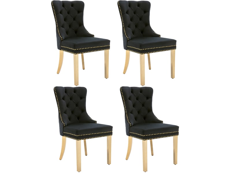  Chaise de salle à manger capitonnée avec anneau décoratif, pieds en acier inoxydable doré et velours noir  - Conforama A