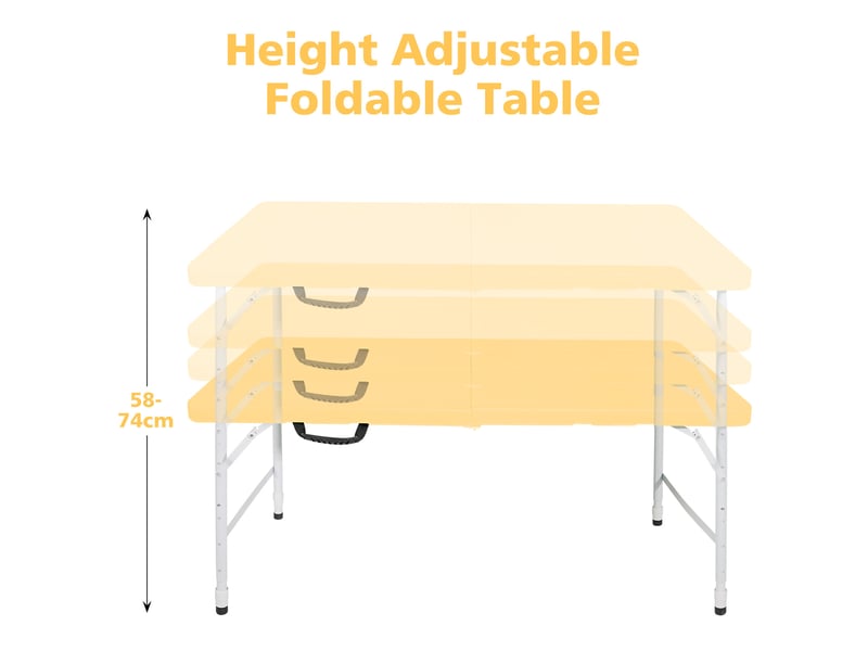 Table de jardin pliante 125 x 61 cm jaune, hauteur réglable 58-74 cm, avec poignée, supporte jusqu'à 135 kg - Conforama E