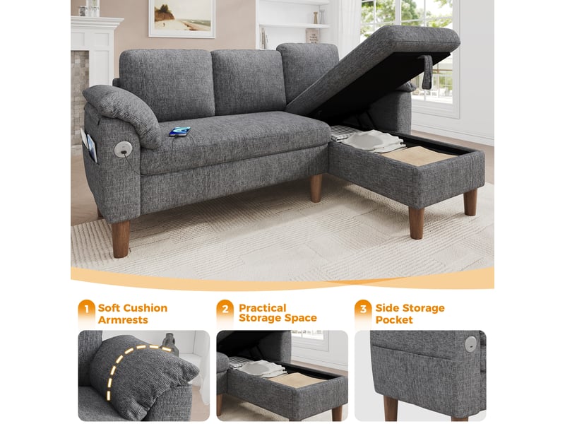  Canapé d'angle réversible 3 places avec coffre tissu chenille gris clair  - Conforama D