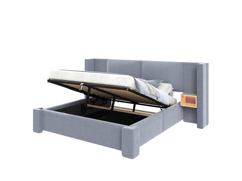  Lit coffre 140x200 gris en lin avec led, tables de chevet intégrées et rangement hydraulique sans matelas  - Conforama A