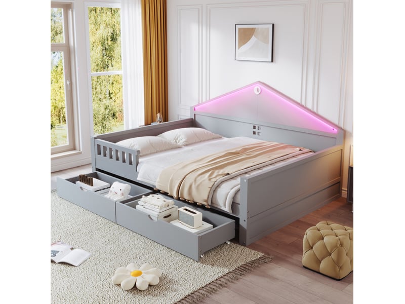 Lit enfant 140x200 cm avec sommier, led contrôlée par smartphone et 2 tiroirs gris - Conforama B