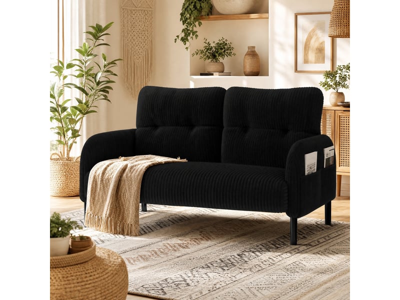 Canapé droit fixe 2 places en velours côtelé noir 120 × 75 × 79 cm avec poche latérale, pour votre salon - Conforama B