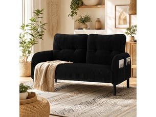 Canapé droit fixe 2 places en velours côtelé noir 120 × 75 × 79 cm avec poche latérale, pour votre salon
