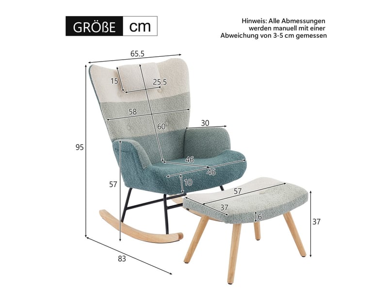  Fauteuil à bascule relax - 83x65,5x95 cm - avec repose-pieds rayé patch boucle pieds bois et métal - multicolore  - Conforama E
