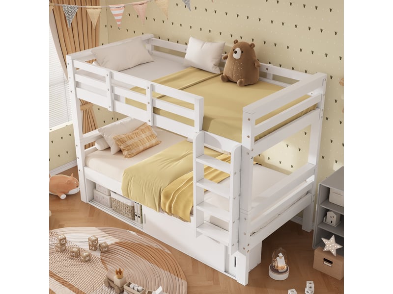 Lit superposé enfant 90x200 cm en bois, lit mezzanine séparable en 2 lits simples, rangement avec portes coulissantes, échelle et barrières - blanc - Conforama B