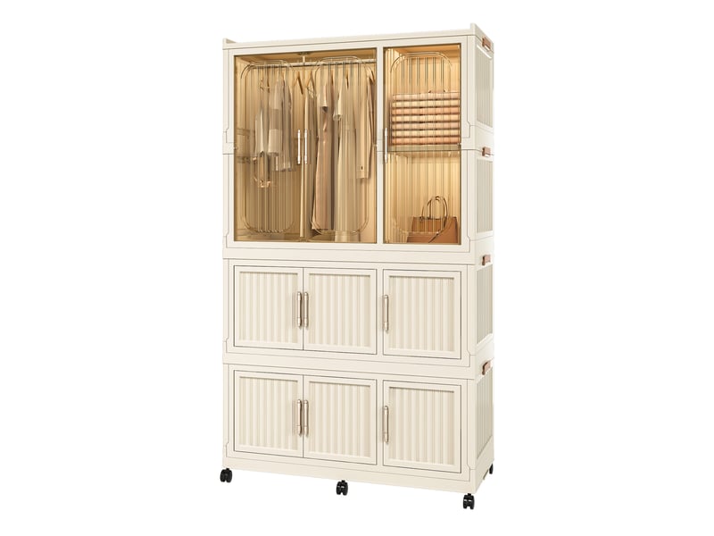  Armoire penderie pliable 92 x 45 x 158 cm blanc crème en polypropylène, 9 portes magnétiques sur roulettes  - Conforama A