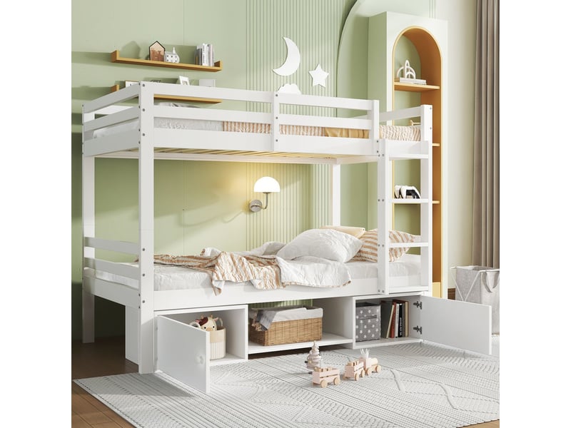  Lit superposé 90x200cm -  séparable en 2 lits - lit enfant - avec étagères, armoire, bois massif, design moderne, blanc  - Conforama B