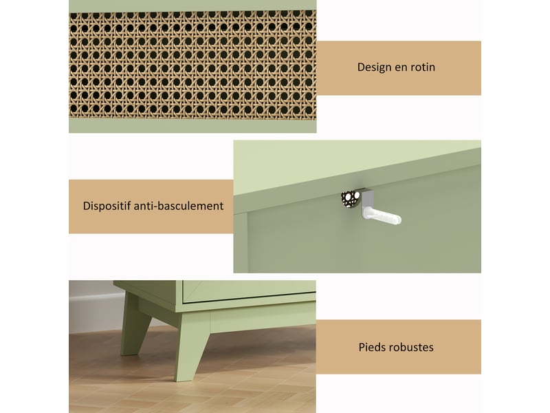  Commode 4 tiroirs meuble de rangement cannage en rotin aspect bois clair vert 80 x 35 x 95 cm  - Conforama R